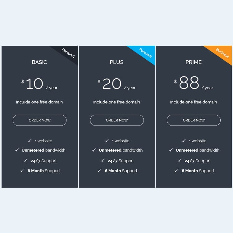 Free website Pricing Packages PSD design